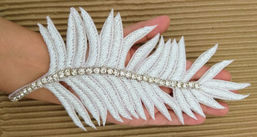 White Hand Embroidered Leaf Applique, Beaded Leaf Motif, Cutwork Applique
